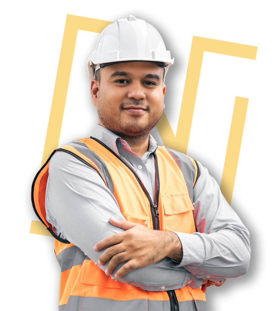 Male Construction Worker with Arms Crossed and National Licensing Logo