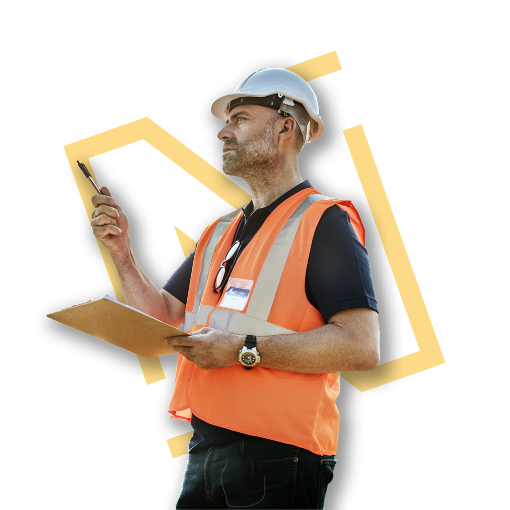 Middle Aged Male Construction Worker Completing a Construction Licence Form and National Licensing Logo