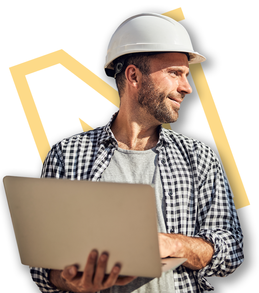 Middle Aged Male Construction Worker Getting a Construction Licence on a Laptop and National Licensing Logo