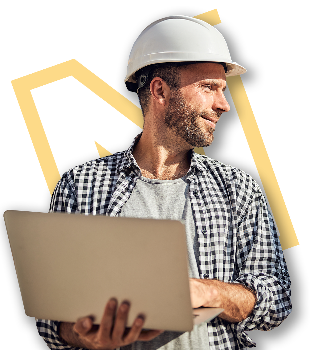 Middle Aged Male Construction Worker Getting a Construction Licence on a Laptop and National Licensing Logo