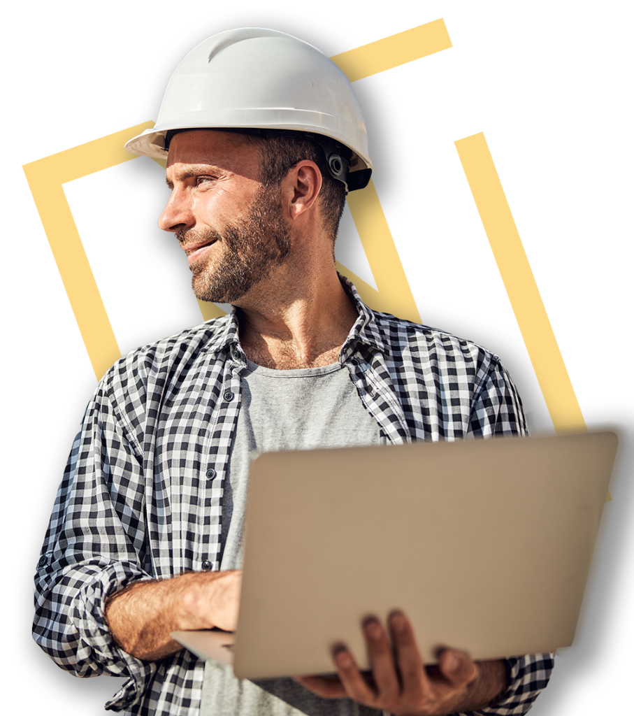 Middle Aged Male Construction Worker Getting a Construction Licence on a Laptop and National Licensing Logo