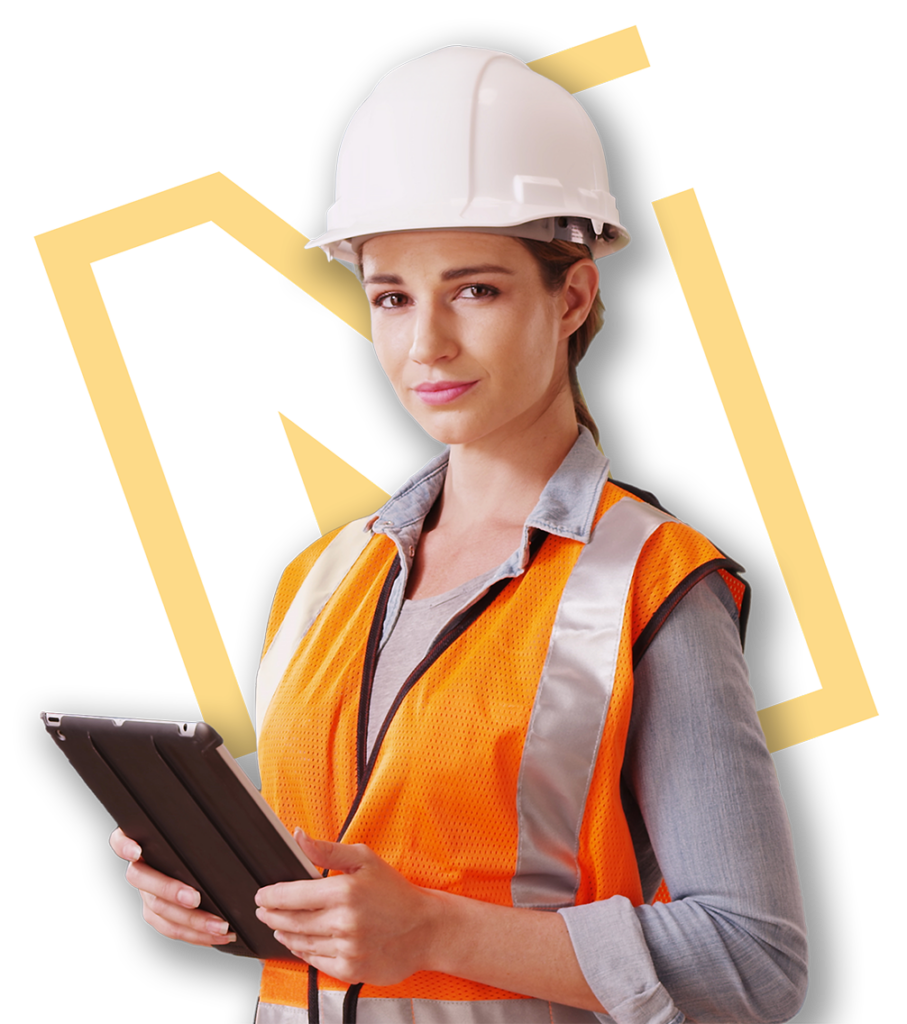 Young Female Construction Worker Getting a Construction Licence on a Tablet and National Licensing Logo